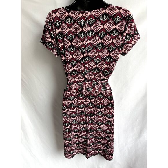 Axcess Faux Wrap Dress Pink Multi Mosaic Burgundy sz M Feminine Romantic Belted - Picture 5 of 10